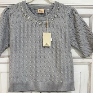 NWT SZ L Elie Tahari Gray Cable Knit Sweater with Embellished Neckline